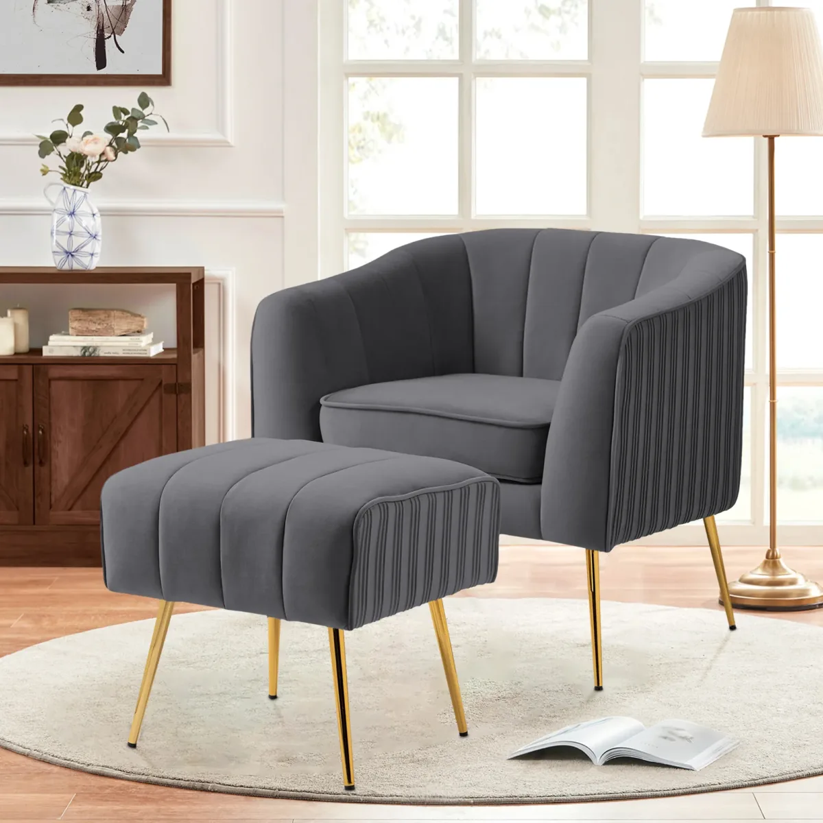 Avenil Channel Tufted Velvet Armchair with Ottoman - Image 3