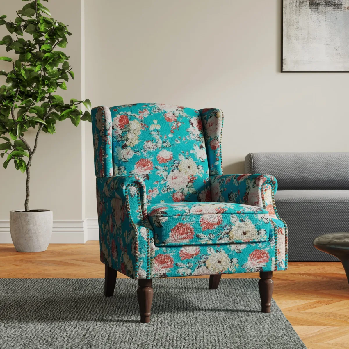 Rosven Floral Wingback Accent Chair with Nailheads - Image 5