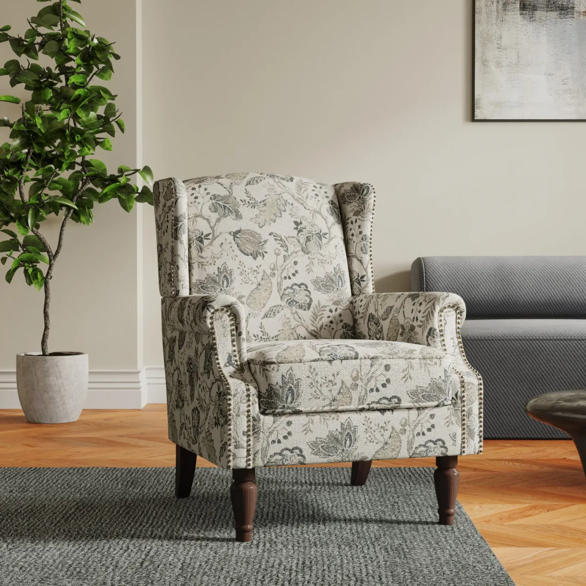 Rosven Floral Wingback Accent Chair with Nailheads - Image 4