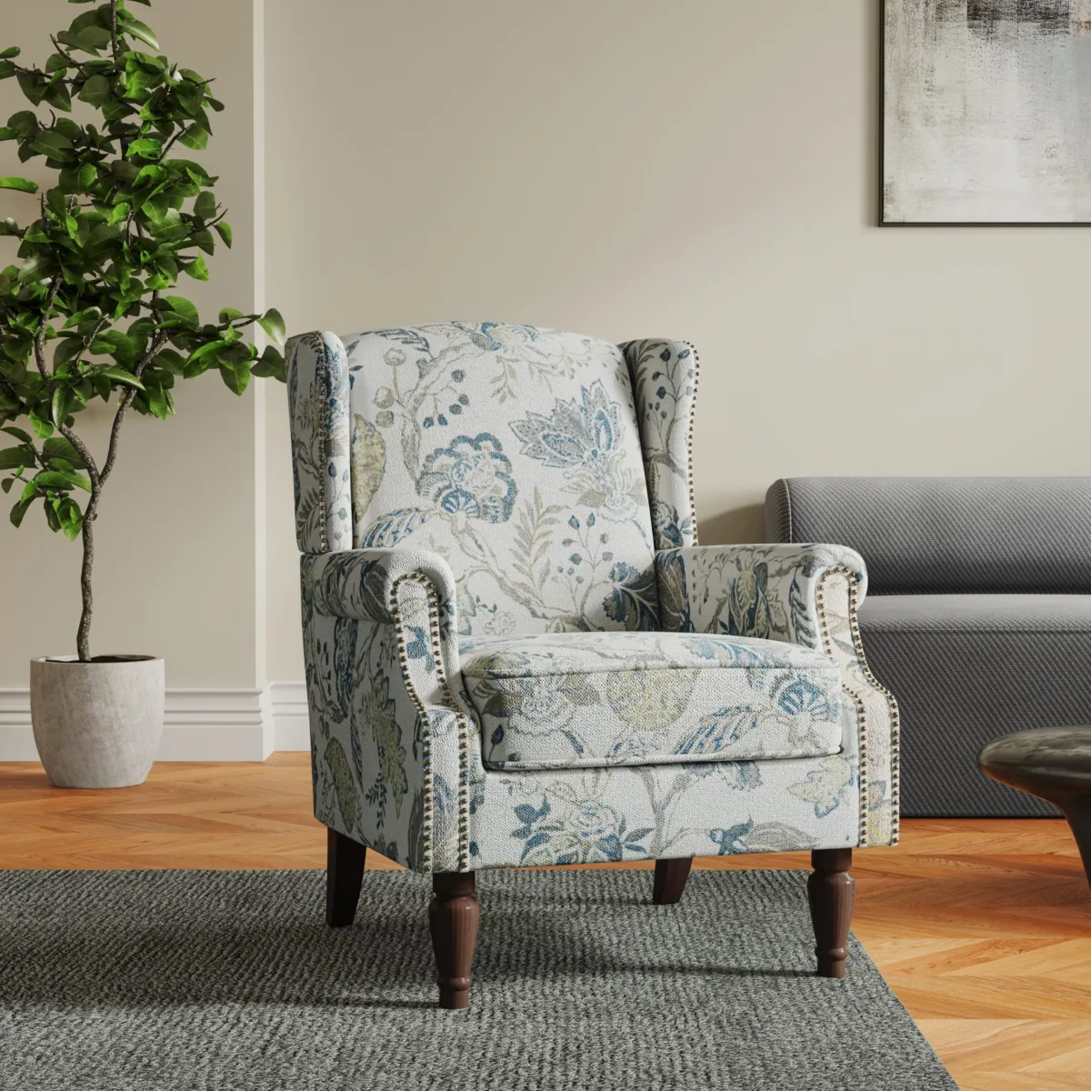 Rosven Floral Wingback Accent Chair with Nailheads - Image 3