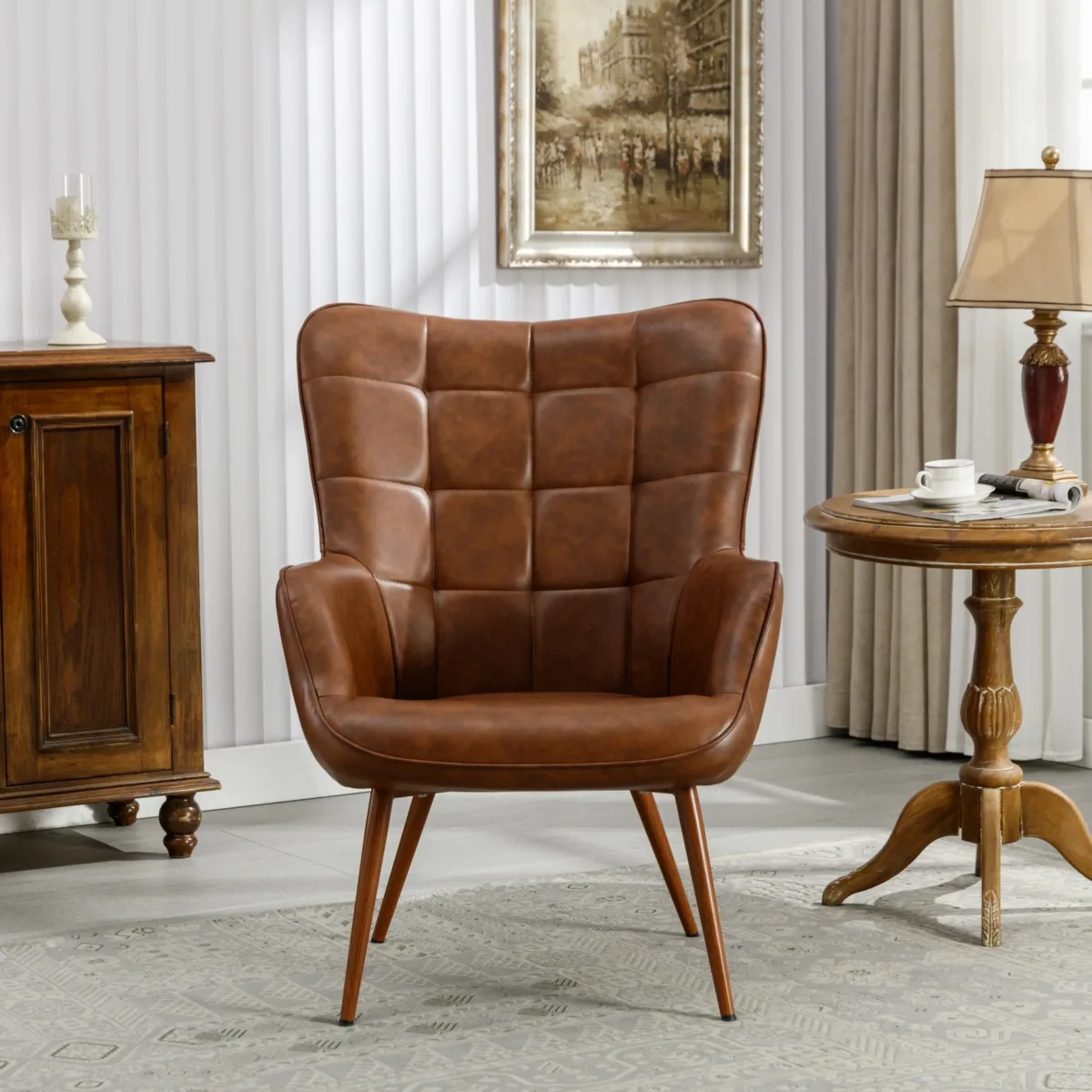 Orvyn Grid-Tufted Faux Leather Wingback Chair - Image 3