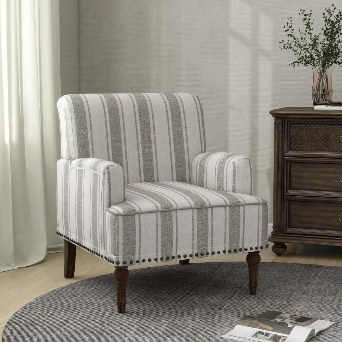 Lomace Farmhouse Stripe Fabric Upholstered Armchair - Image 9