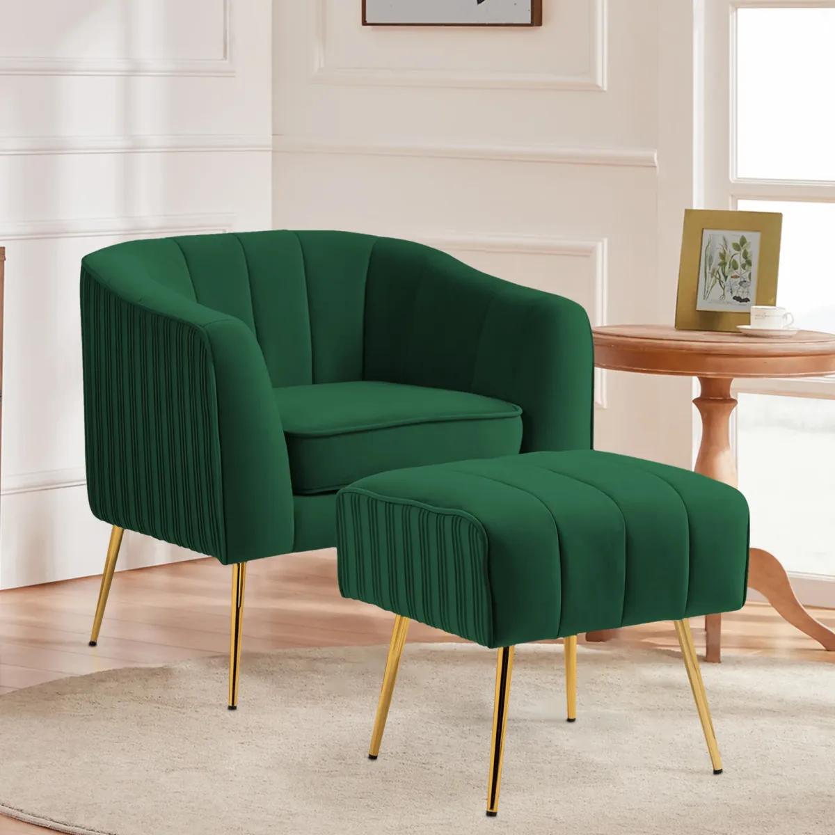 Avenil Channel Tufted Velvet Armchair with Ottoman - Image 2