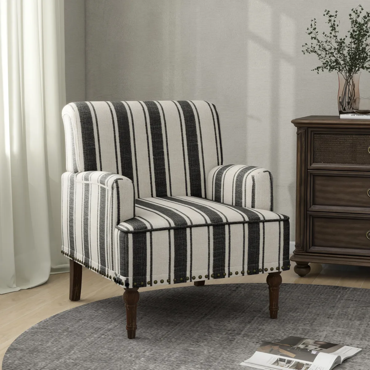 Lomace Farmhouse Stripe Fabric Upholstered Armchair - Image 11