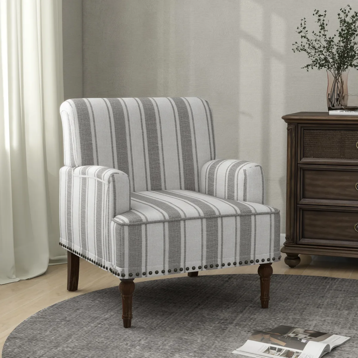 Lomace Farmhouse Stripe Fabric Upholstered Armchair - Image 6