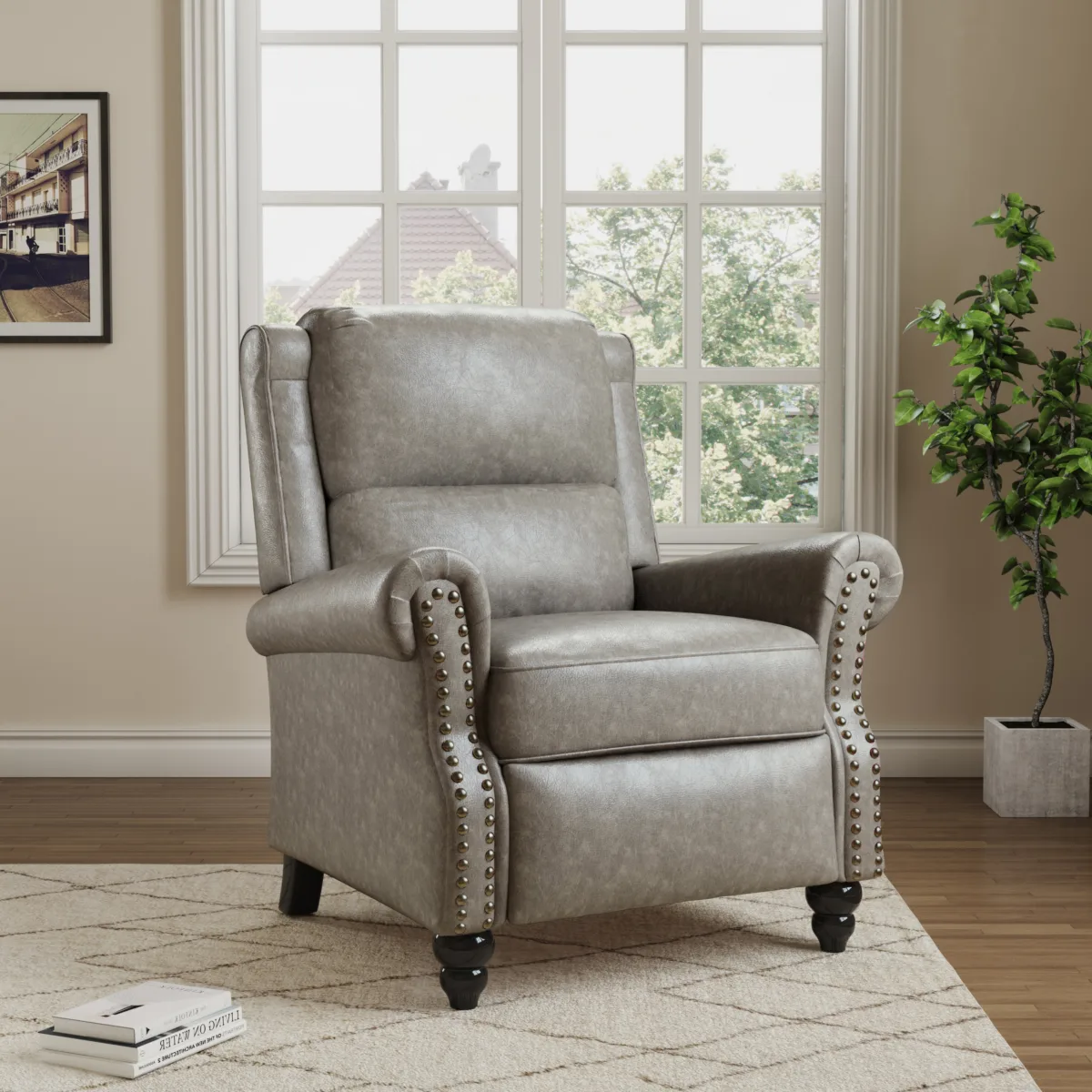 Kaelum Vintage Rolled Arms Recliner with Footrest - Image 8