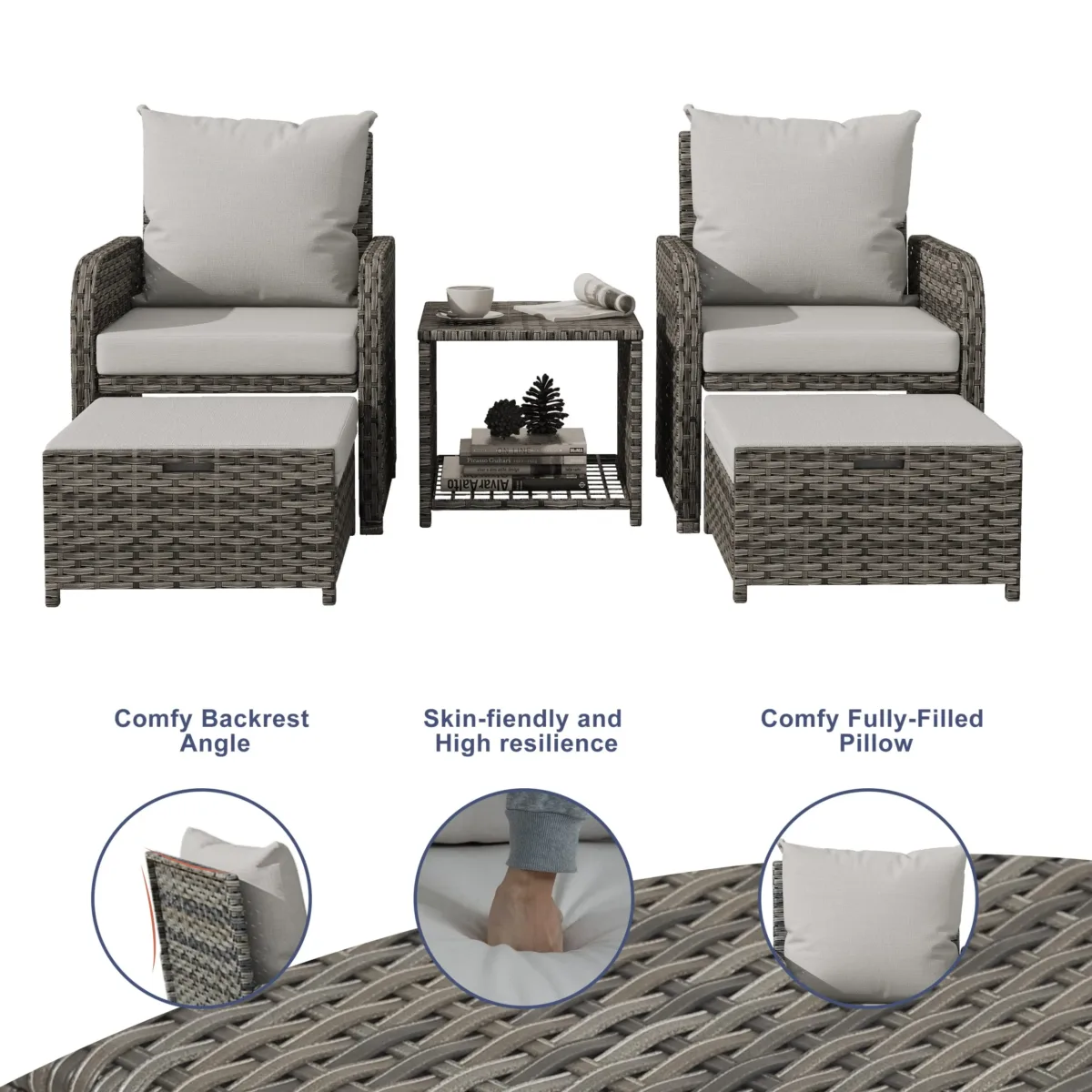 Lazric 5-Piece Wicker Patio Chair Set with Ottomans & Table - Image 5