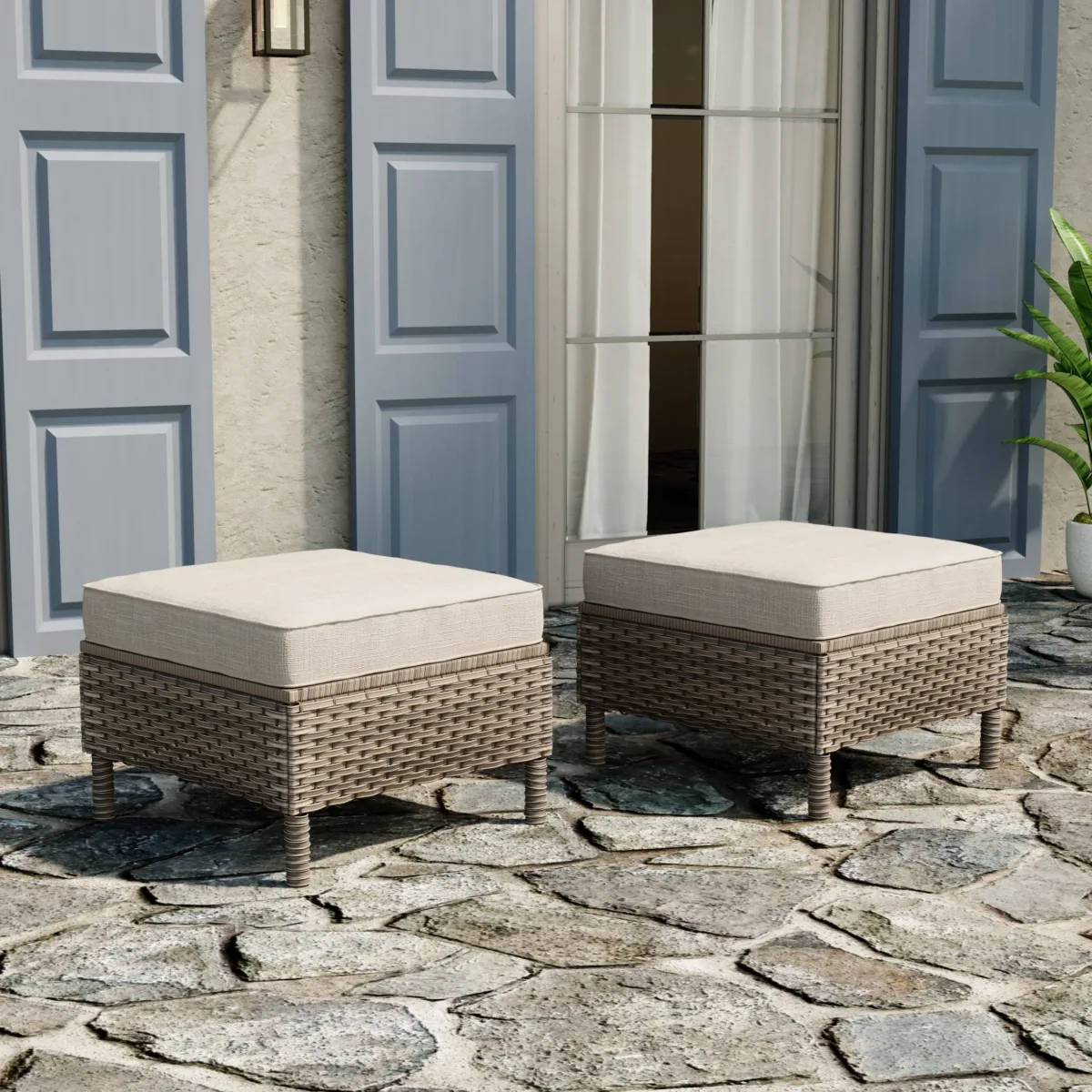 Roven Wicker Outdoor Cushioned Ottomans Set of 2 - Image 2
