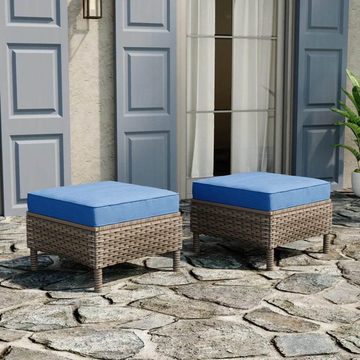 Roven Wicker Outdoor Cushioned Ottomans Set of 2 - Image 3
