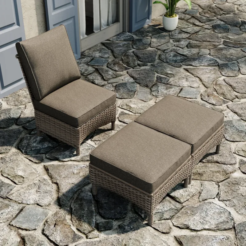 Roven Wicker Outdoor Armless Chair with 2 Ottomans - Image 3