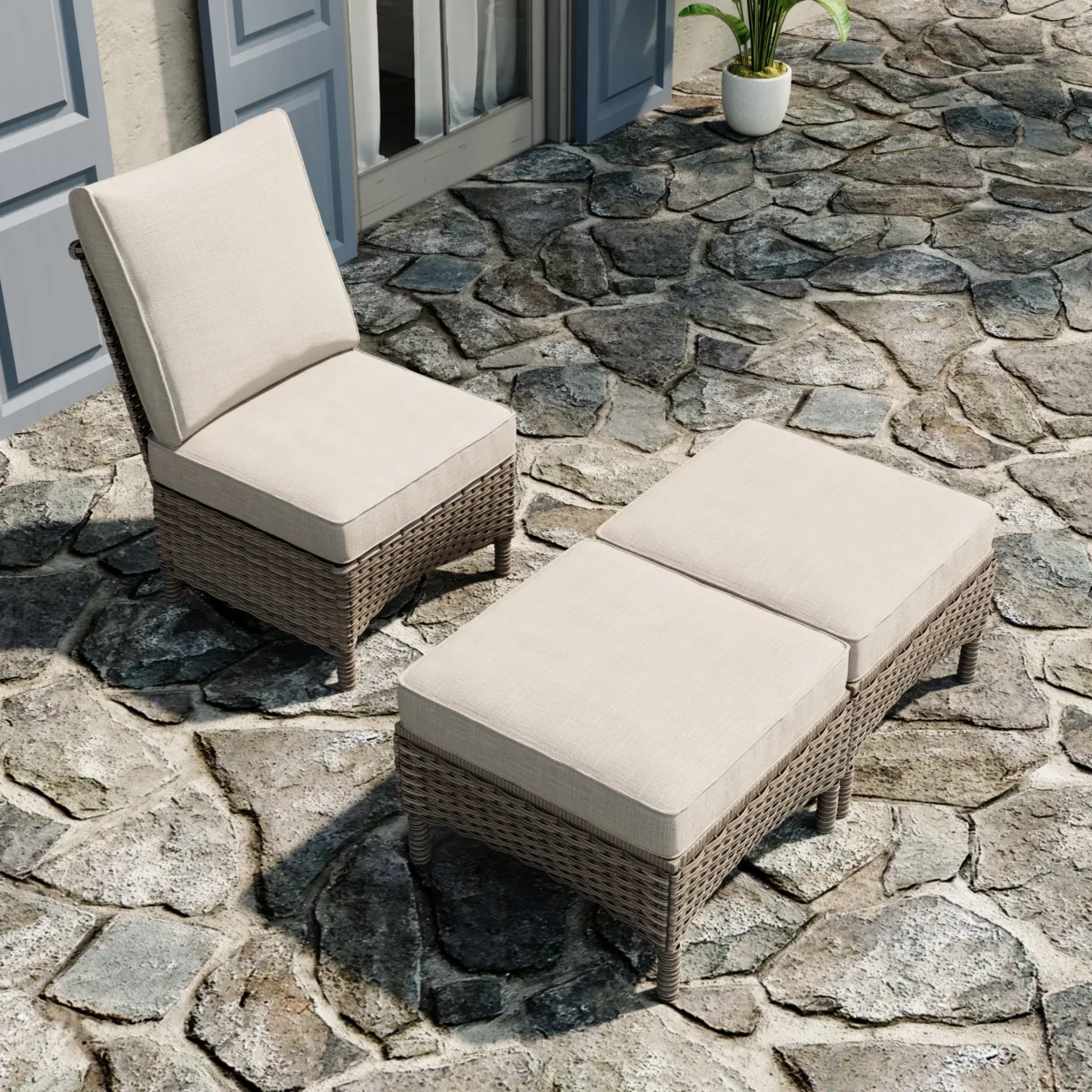 Roven Wicker Outdoor Armless Chair with 2 Ottomans - Image 4