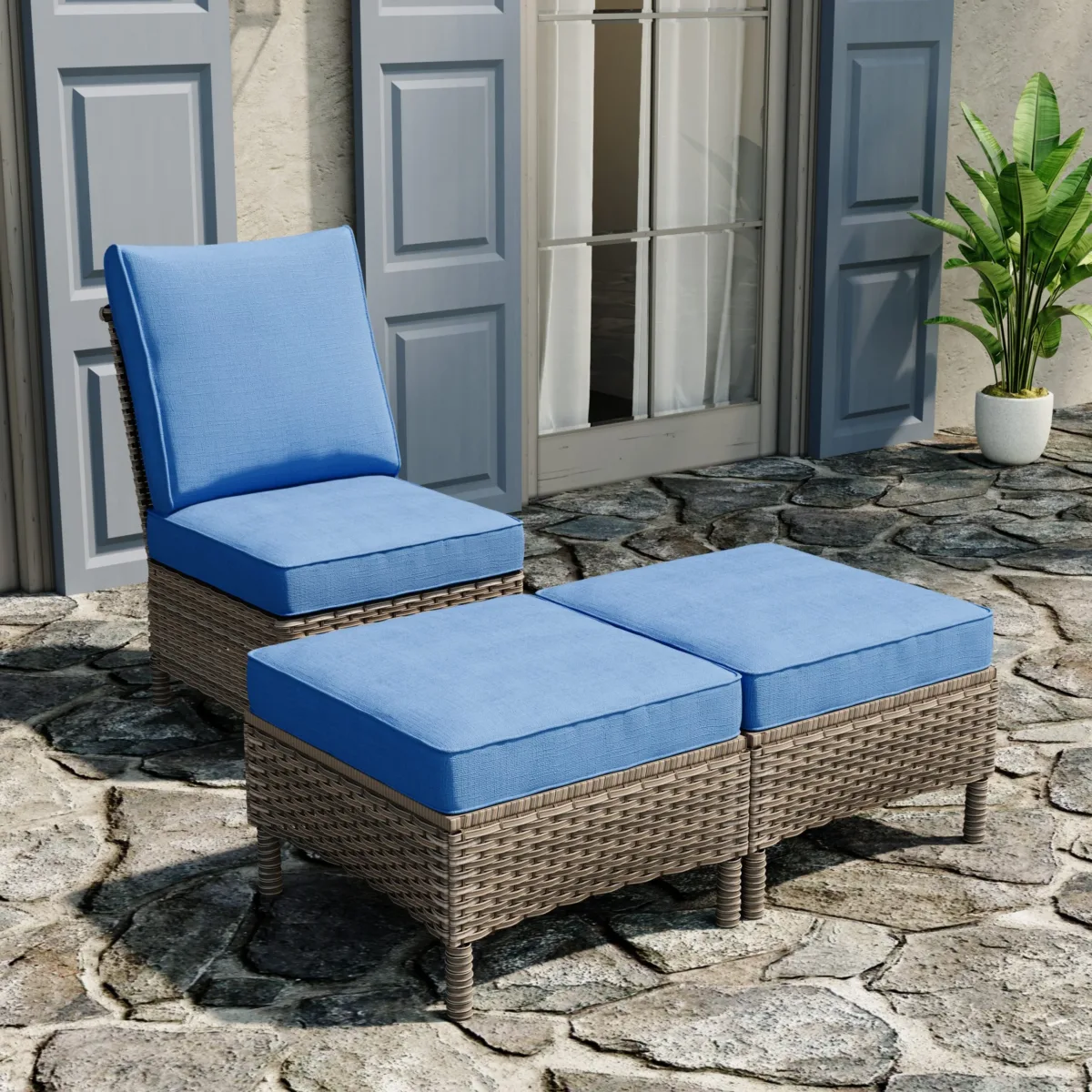 Roven Wicker Outdoor Armless Chair with 2 Ottomans - Image 2