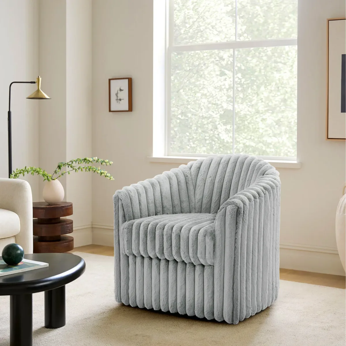 Sylara Channel Tufted Faux Fur Swivel Barrel Chair - Image 3