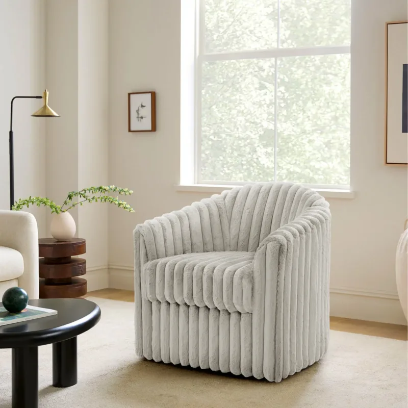 Sylara Channel Tufted Faux Fur Swivel Barrel Chair - Image 2