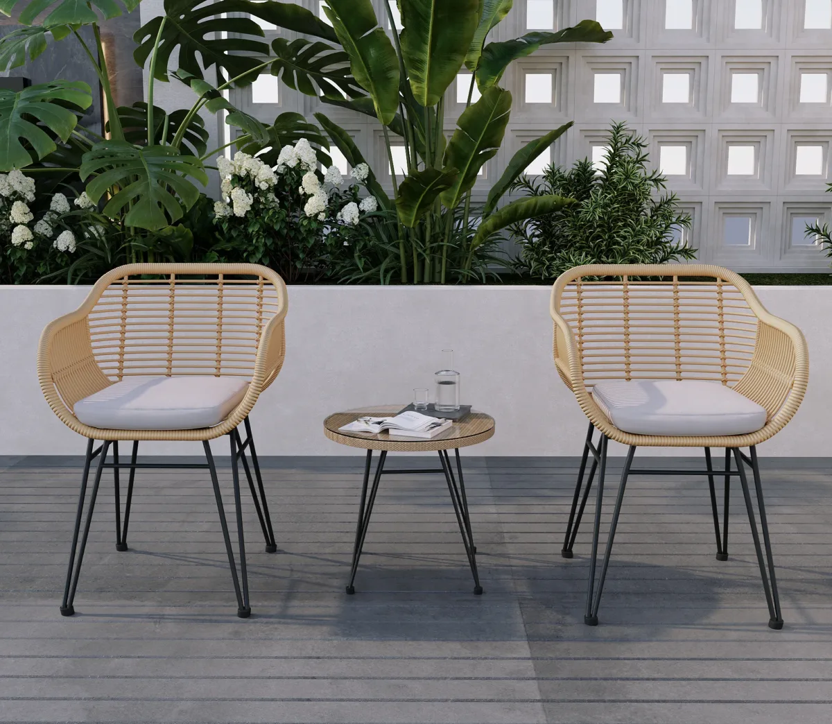 Buschi Round 2 - 3-Piece Wicker Rattan Patio 21'' L Seating Set with Cushions - Image 3