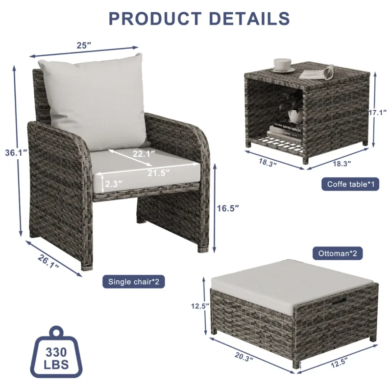Lazric 5-Piece Wicker Patio Chair Set with Ottomans & Table - Image 2