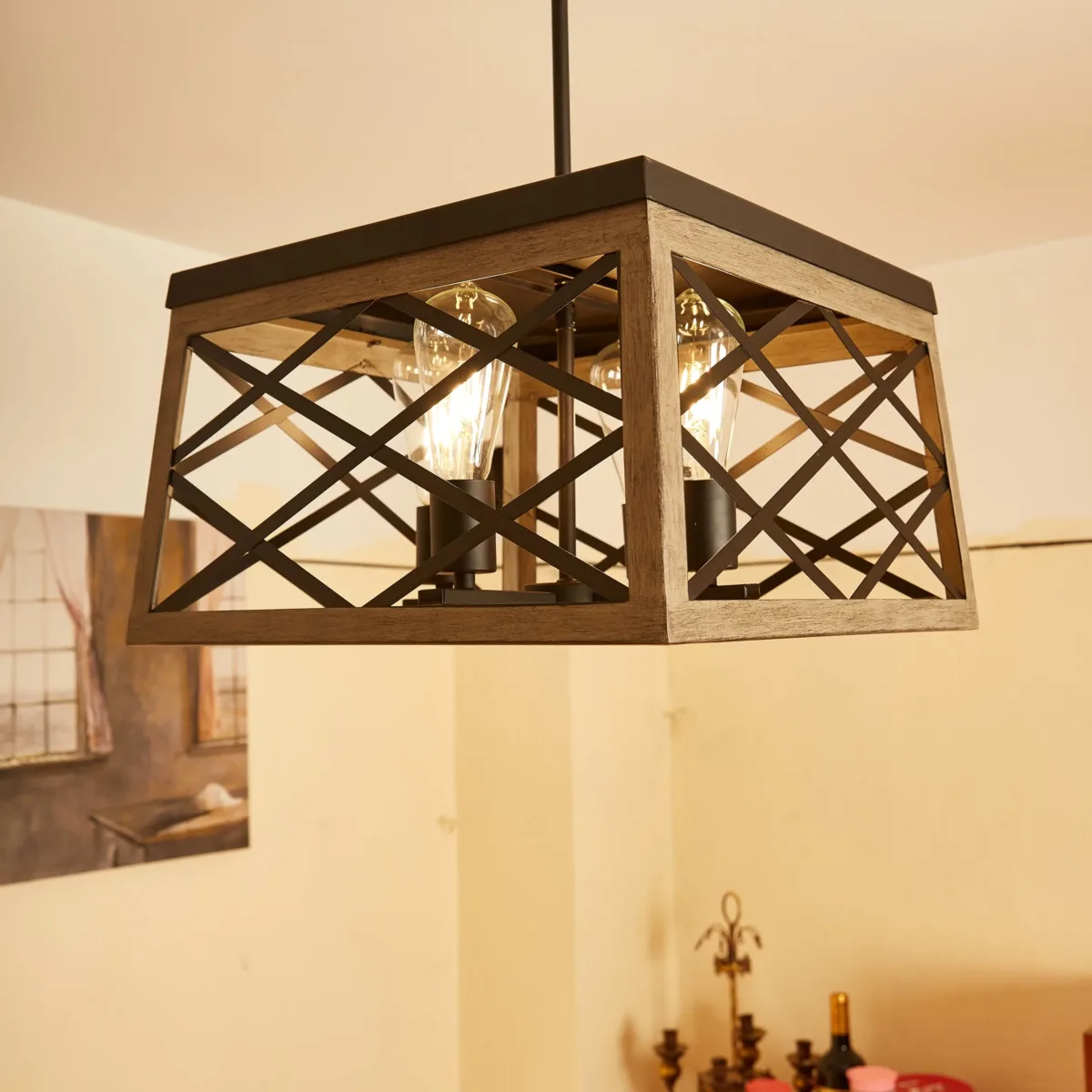 Lauren 4 Light Anchor Grey Oak And Matte Black Lantern Square Pendant - Image 4