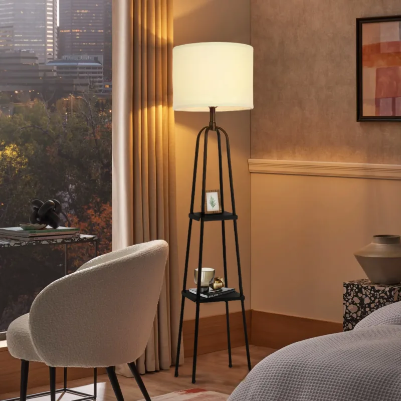 Modern Metal Etagere Floor Lamp With Shelves And Linen Shade - Image 3