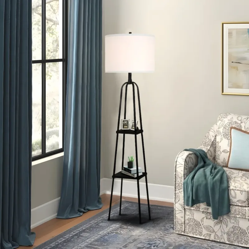 Modern Metal Etagere Floor Lamp With Shelves And Linen Shade - Image 4