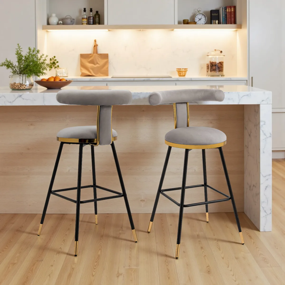 39.35 in.Gray Metal Leg Velvet Upholstered Height Bar Stool with Low Back(Set of 2) - Image 1