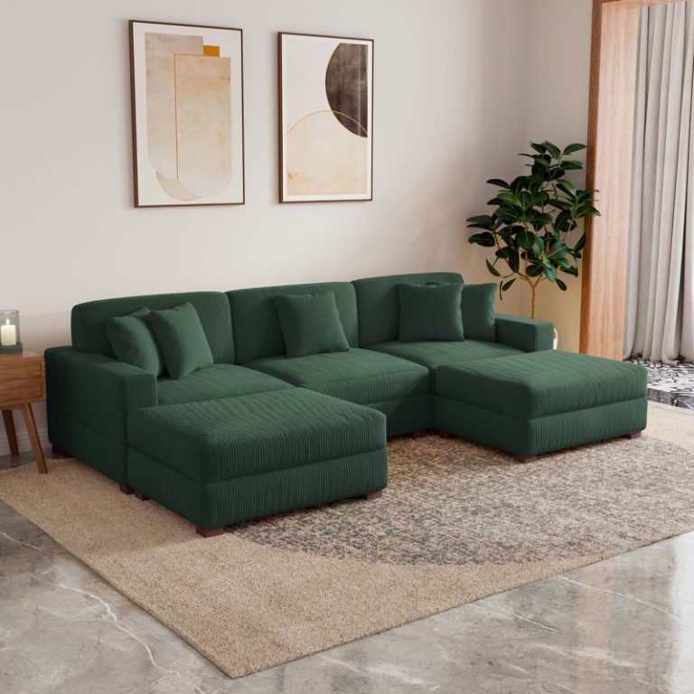 Milbrey+5-Piece+Corduroy+Sectionals+With+Ottomans+&+Throw+Pillows,+Hunter+Green+Corduroy