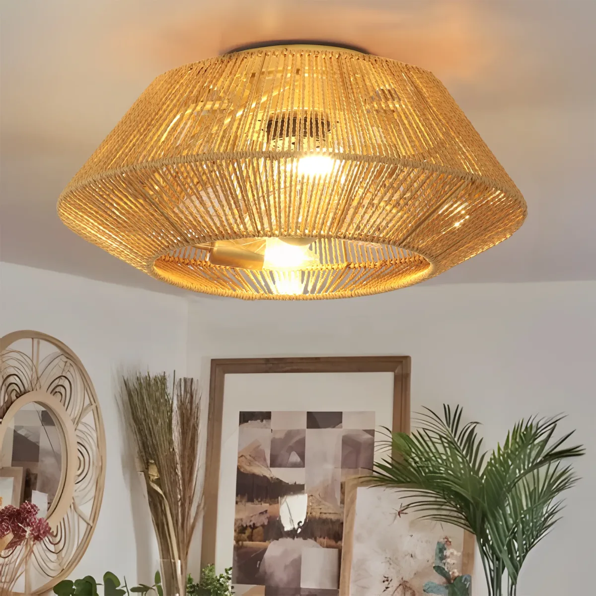 Armelia Rattan Ceiling Fan With Lights Flush Mount - Image 3
