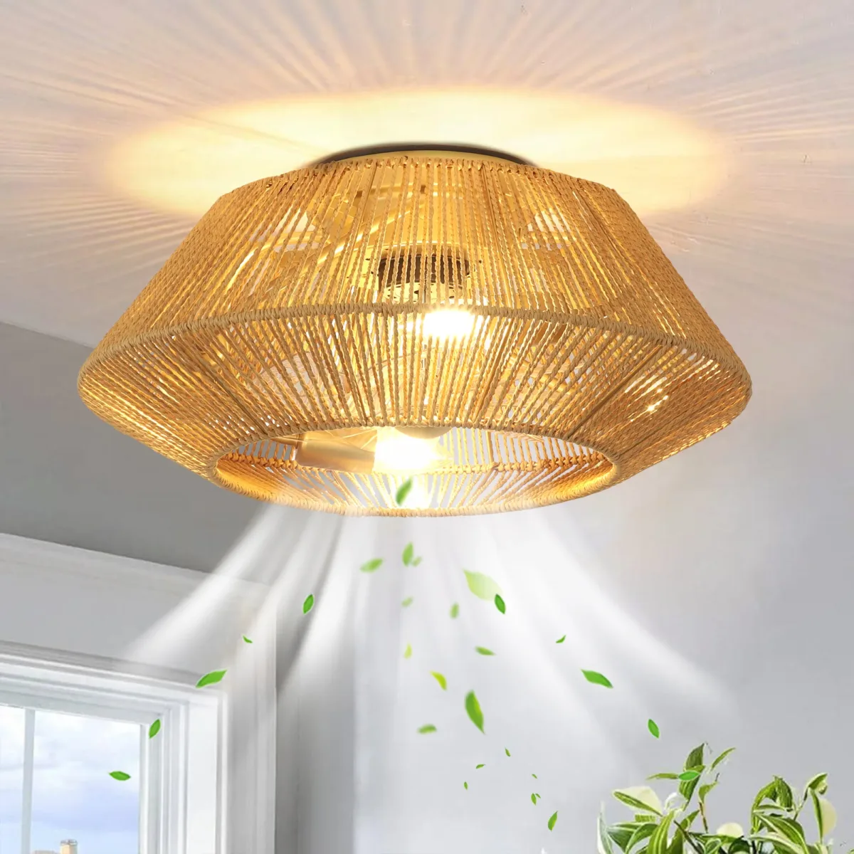 Armelia Rattan Ceiling Fan With Lights Flush Mount - Image 4