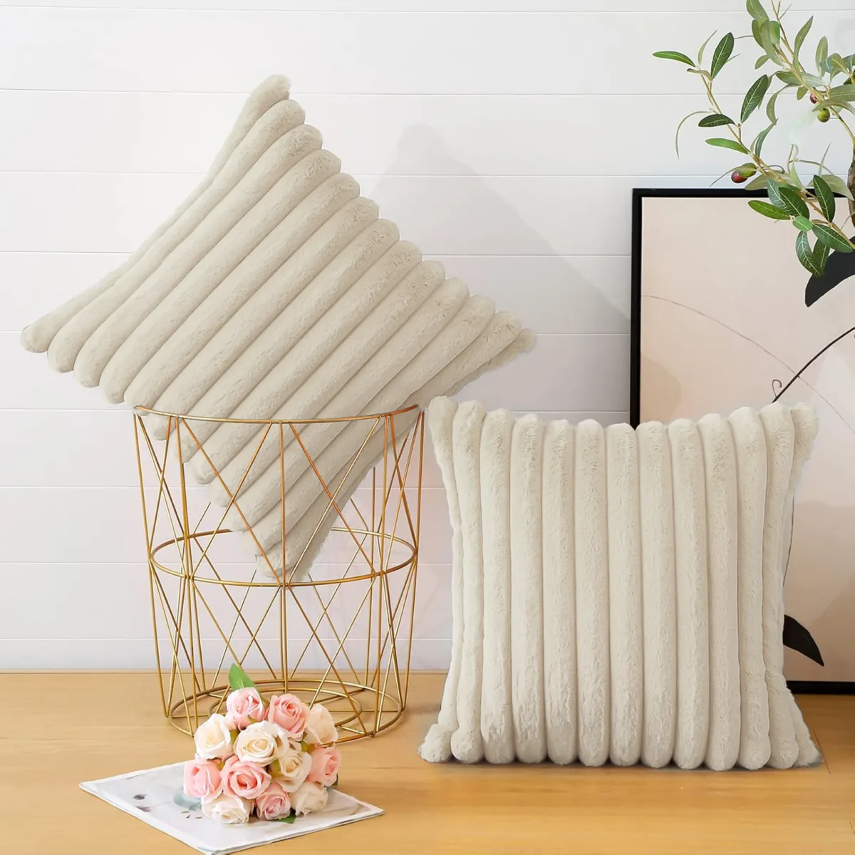 Deconov Upholstered Rabbit Fur Throw Pillow (Set of 2) - Image 2