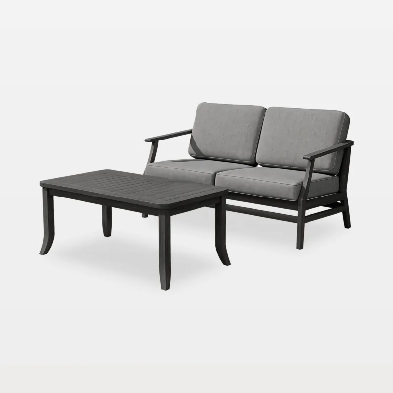 Otise Outdoor Patio Loveseat with Grooved Teak Coffee Table