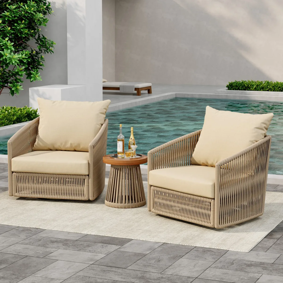 Selene 3-Piece Modern Rope Outdoor Swivel Chairs & Side Table - Image 4