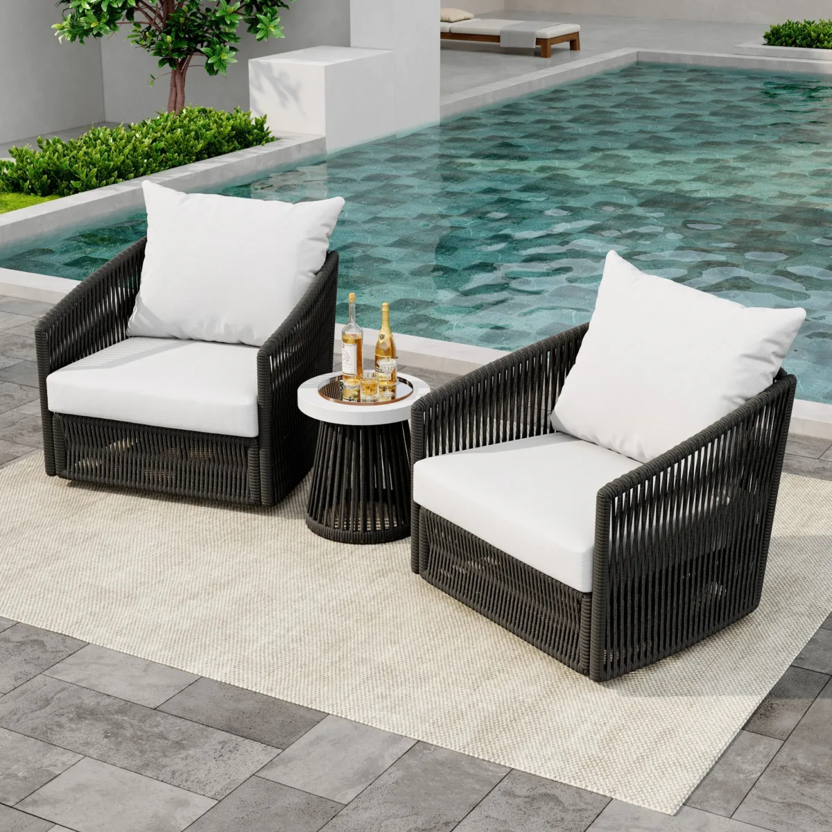 Selene 3-Piece Modern Rope Outdoor Swivel Chairs & Side Table - Image 5