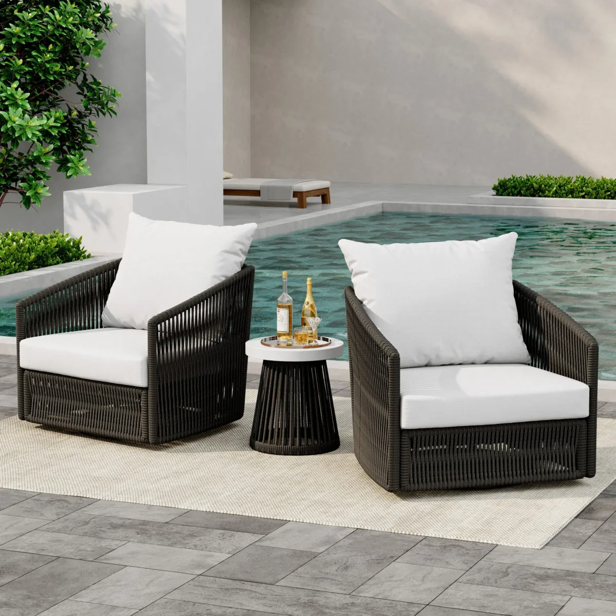 Selene 3-Piece Modern Rope Outdoor Swivel Chairs & Side Table - Image 1