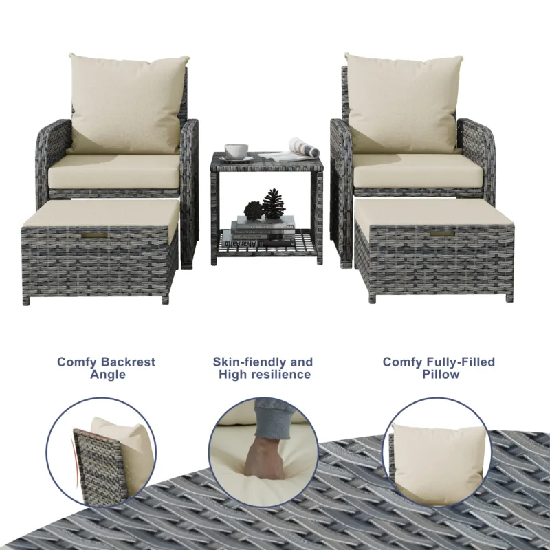 Zavin 5-Piece Wicker Patio Chair Set with Ottomans & Table - Image 4