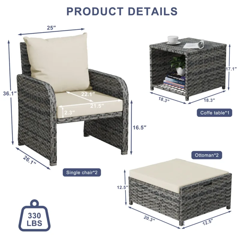 Zavin 5-Piece Wicker Patio Chair Set with Ottomans & Table - Image 2