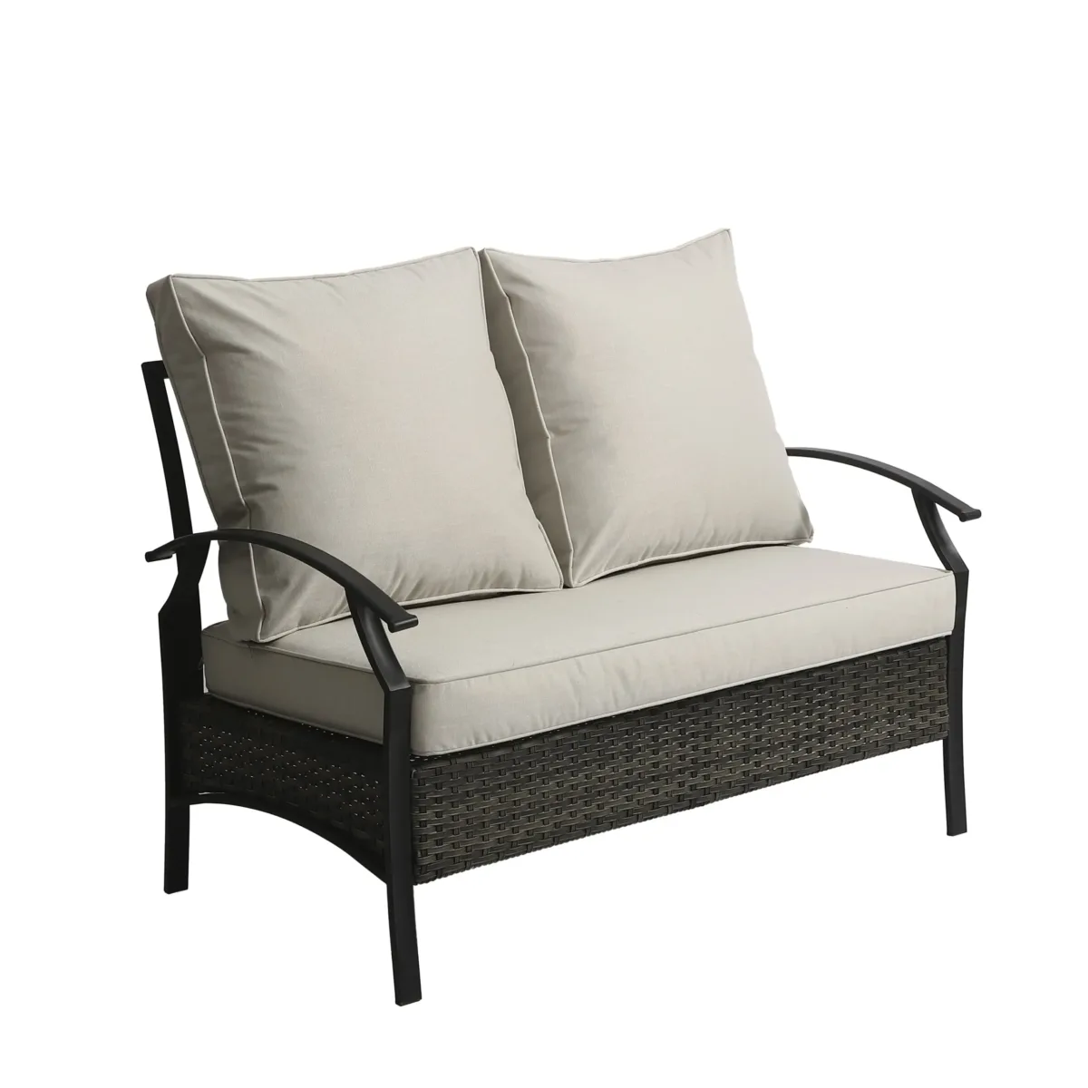 Charron Metal Outdoor Loveseat with Cushions and Wicker Decor - Image 4
