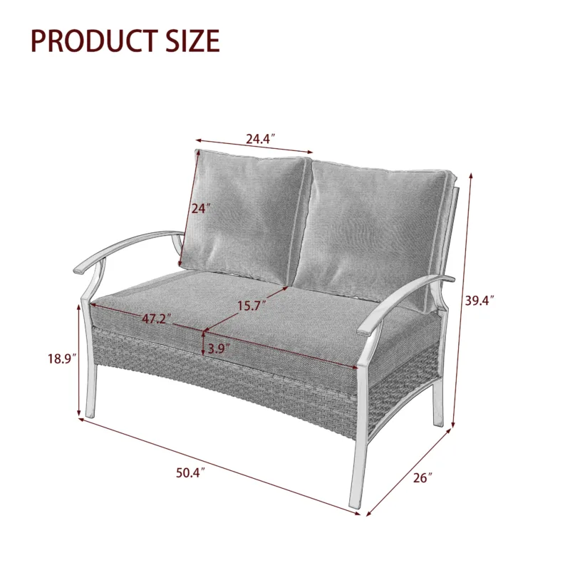 Charron Metal Outdoor Loveseat with Cushions and Wicker Decor - Image 3