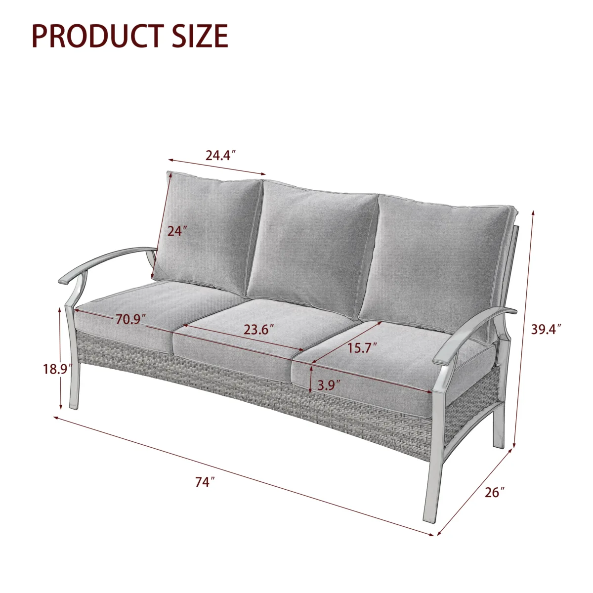Charron Metal 3-person Patio Outdoor Sofa with Cushions and Wicker Decor - Image 2