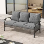 Charron Metal 3-person Patio Outdoor Sofa with Cushions and Wicker Decor - Image 3