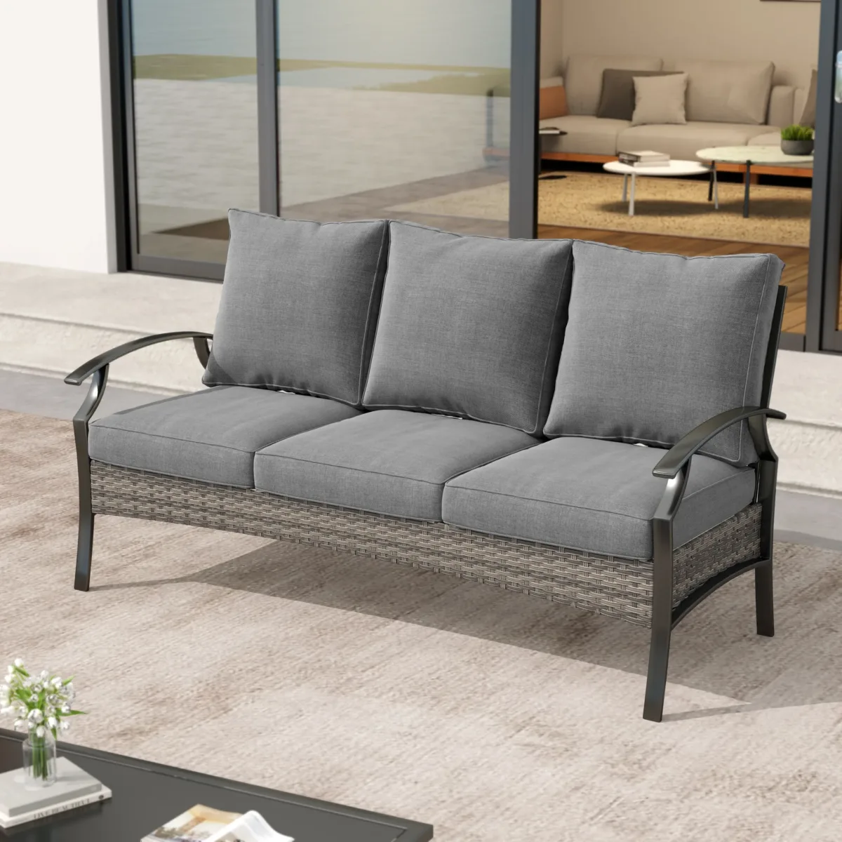 Charron Metal 3-person Patio Outdoor Sofa with Cushions and Wicker Decor - Image 3