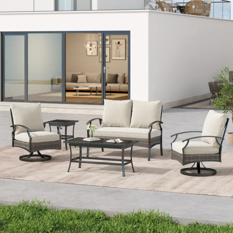 Outdoor Metal 4-Person Patio Set With Two Tables and Wicker Decor - Image 2