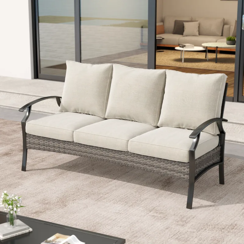 Charron Metal 3-person Patio Outdoor Sofa with Cushions and Wicker Decor - Image 2