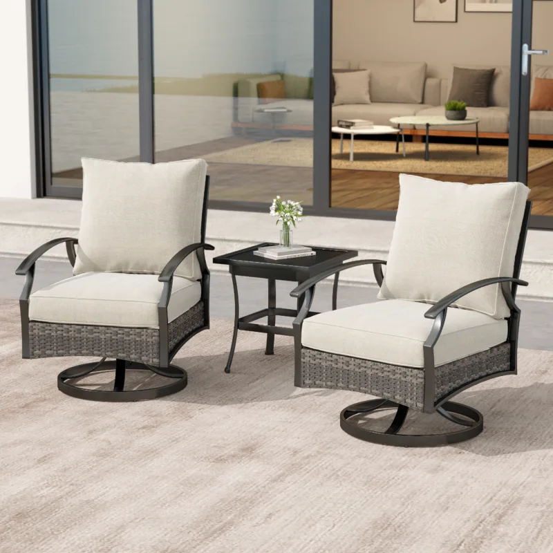 Charron 3 Pieces Set Metal Outdoor Patio Furniture Swivel Chairs Set with Cushions and End table and Wicker Decor - Image 2
