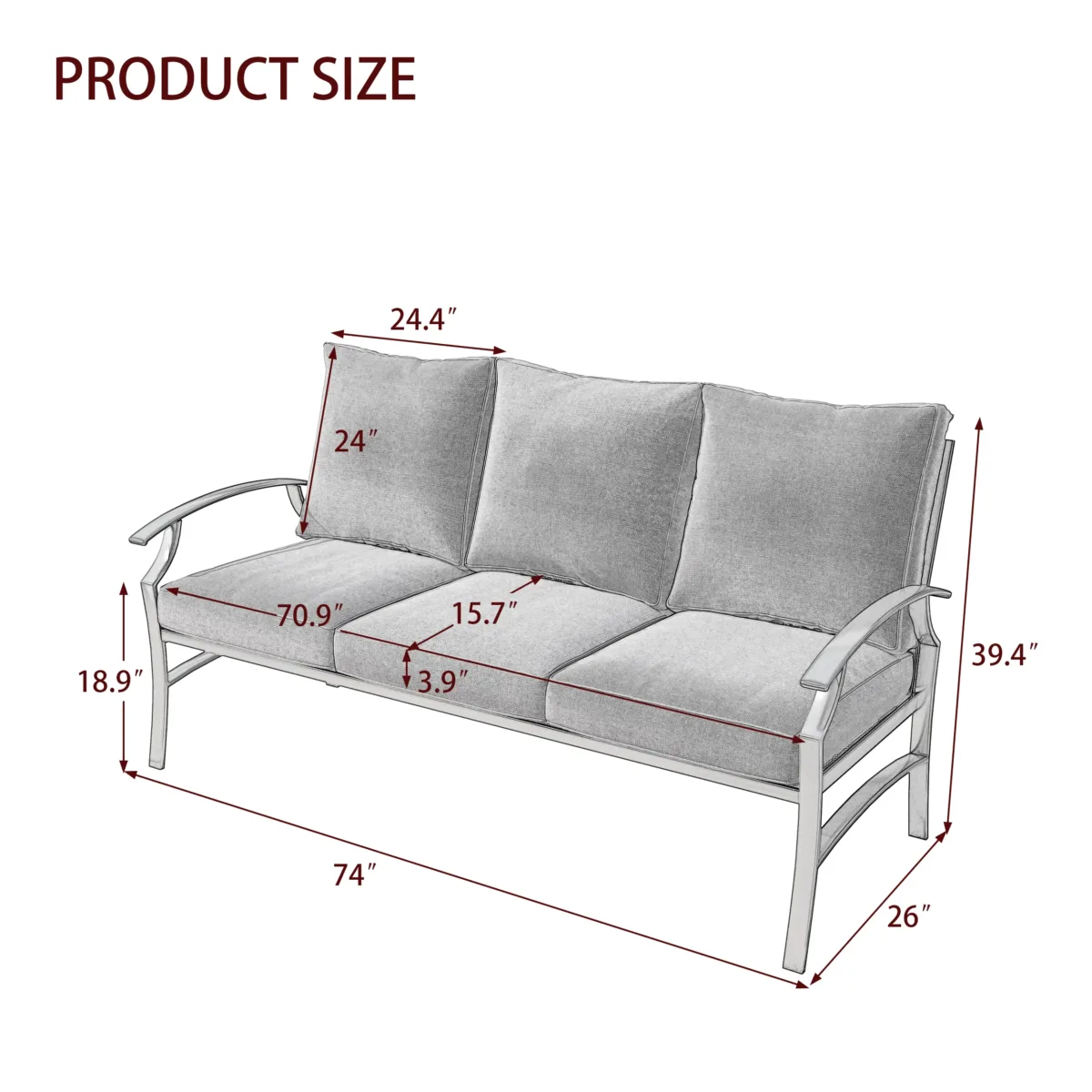 Metal 3-Person Patio Outdoor Sofa with Cushions 2 - Image 3