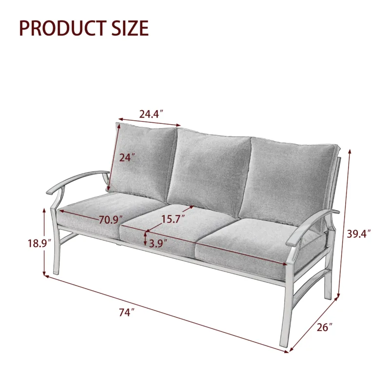 Metal 3-Person Patio Outdoor Sofa with Cushions 2 - Image 3