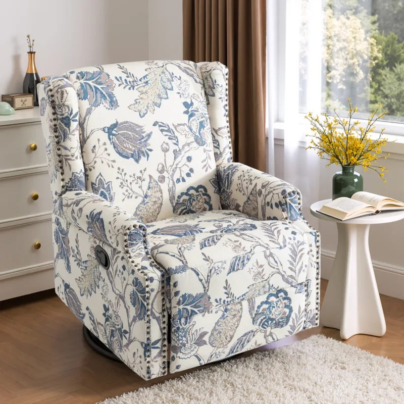 Dovienne Floral Fabric Swivel Wingback Manual Recliner - Image 2