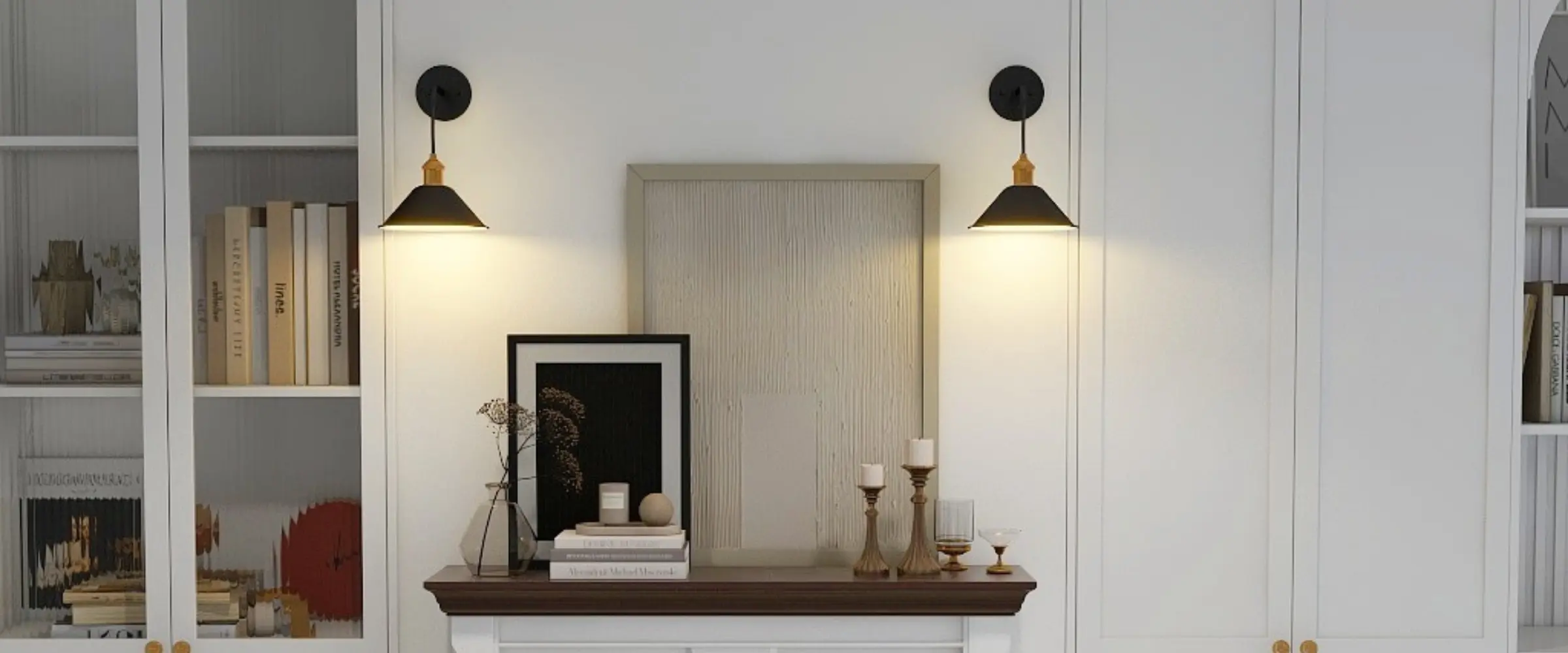 A pair of modern black and gold wall sconces from Dreamsidea's lighting collection between two white built-in bookcases.