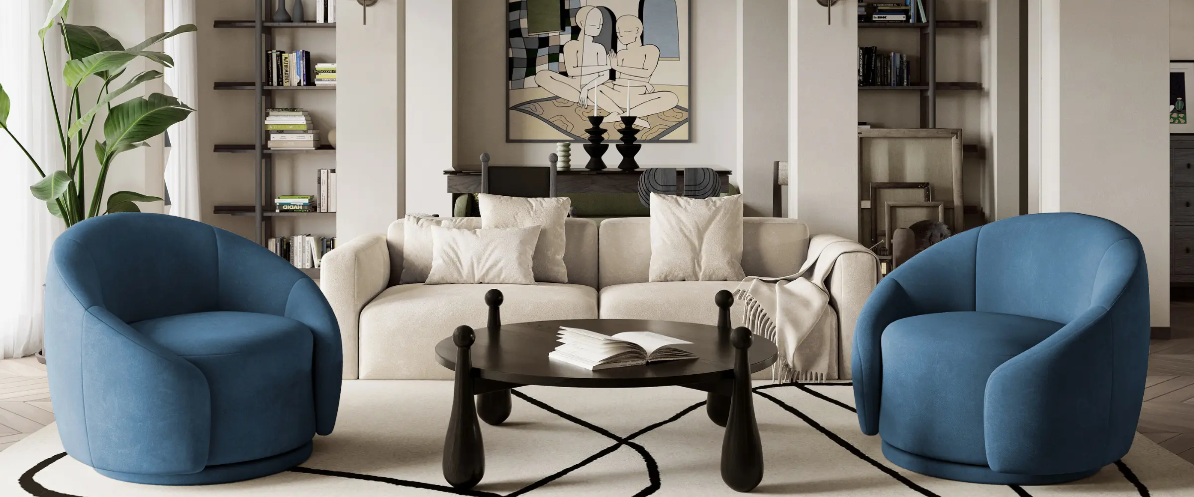 A modern living room furniture arrangement featuring two blue velvet swivel barrel chairs and a plush off-white sofa.