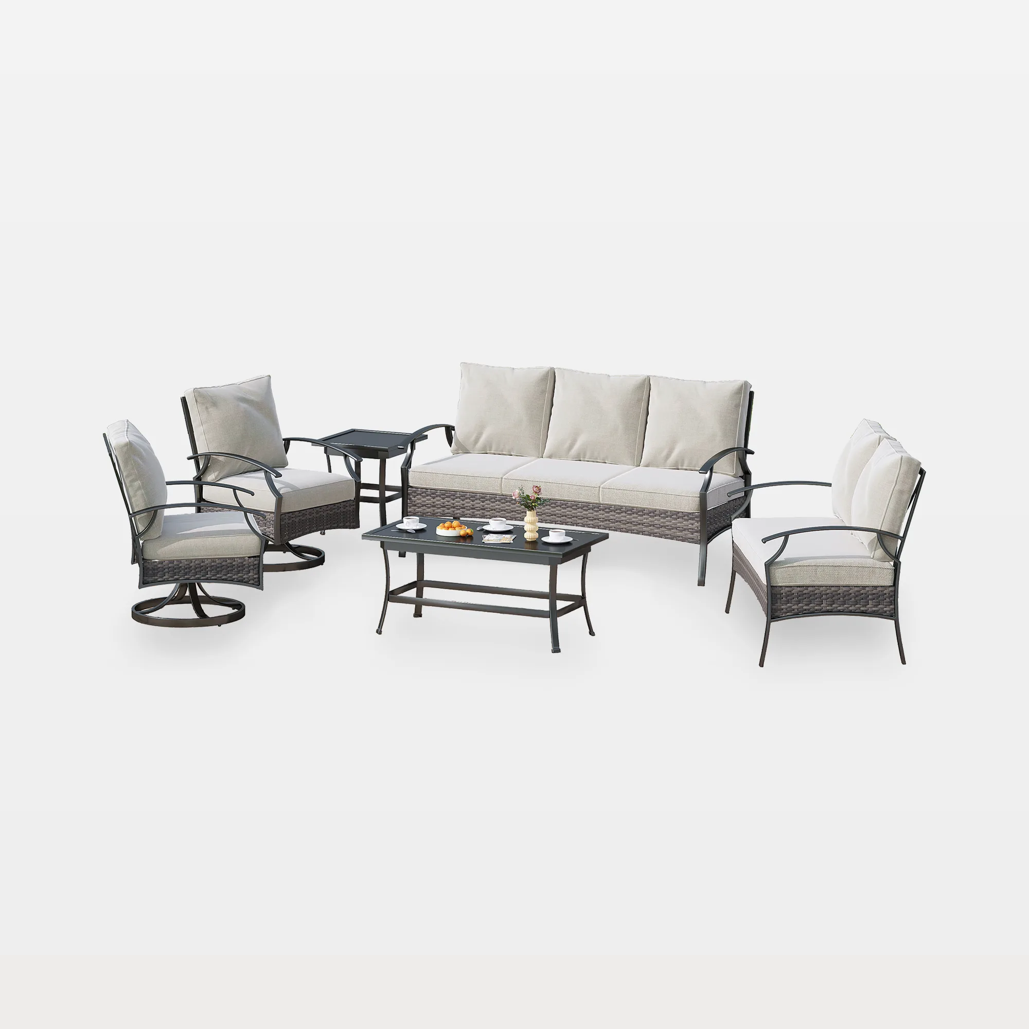 od1001-whitebg-6-piece-outdoor-patio-conversation-set-with-swivel-chairs-white-angled-overview.jpg Charron Outdoor Metal 7-Person Patio Set With Two Tables and Wicker Decor - Image 1