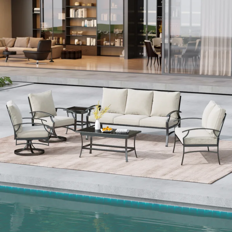 Outdoor Metal 7-Person Patio Set With Two Tables And Cushions - Image 2