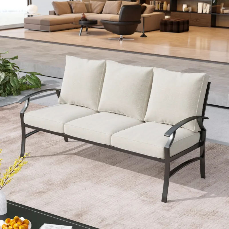 Metal 3-Person Patio Outdoor Sofa with Cushions 2 - Image 2